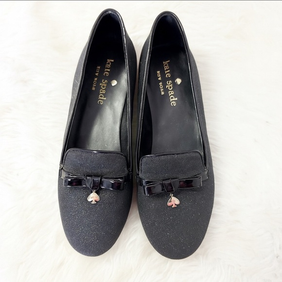 Kate Spade Black Glitter Loafers with Bow Charm - Picture 1 of 8